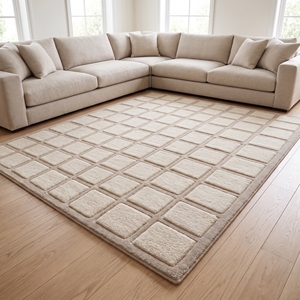Tapis géométrique tufté à la main en laine crème beige, motif quadrillé moderne, fait main sur mesure, épaisseur supplémentaire, pour usage domestique, vente en gros - Product Image 3