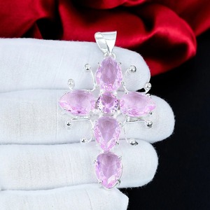 Colgante de cruz bohemia hecho a mano con circonita rosa en engaste de bisel de plata de ley 925, joyería para mujer, regalos de amor y boda - Product Image 3