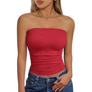Débardeur tricoté rouge sans bretelles pour femme, couleur unie, froncé, longueur courte, style club sexy, mélange élasthanne et polyester - Product Image 3