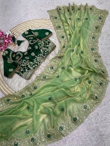 Sari en Chiffon Exclusif de Boutique Indienne, Dernière Collection, avec Blouse de Créateur Fantaisie, Idéal pour les Fêtes, Mariages et Festivals, pour Femme - Product Image 6