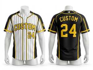 Custom Baseball Jersey Men <b>Black</b> White Yellow Striped <b>Button</b> <b>Up</b> Sublimated Moisture Wicking Regular Fit Short Sleeve - Product Image 1