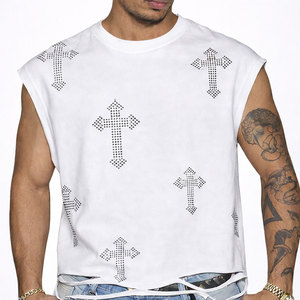 Wholesale Eco-Friendly Cotton High Quality Rhinestone Graphic Sleeveless T-Shirt <b>Men</b> Acid Wash Streetwear <b>Muscle</b> Tank <b>Top</b> Custom - Product Image 1
