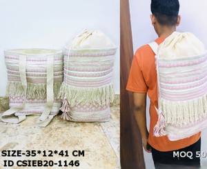 Mochila Boho de Algodón Tejida a Mano con Flecos – Bolsa de Viaje Étnica con Cierre de Cordón (35x12x41 cm) - Product Image 2