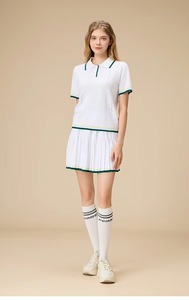 เสื้อกอล์ฟแขนสั้นยี่ห้อ Janya พร้อมกระโปรงมินิพลีทสีสันตัดกันสำหรับเล่นเทนนิสและพิคเคิลบอล แห้งเร็ว ผลิตจากผ้าวิสโคส 100% ชุด 2 ชิ้น - Product Image 2