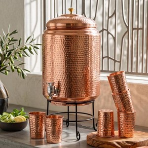 Handcrafted Hammered Pure Copper <b>Water</b> Dispenser Set with Stand Tap Bottle & Glasses Ayurvedic Copper Matka for Hydration - Product Image 1