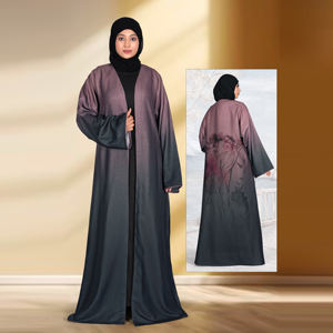 Abaya de Lino con Frente Abierto y Panel Trasero con Estampado Digital Artístico, Diseño de Tela Degradada, Elegante y Modesto, Largo hasta el Suelo, para Mujer - Product Image 1