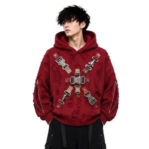 Sudadera con Capucha Premium para Hombre, Estilo Urbano, de Punto Desgastado, Oversize, con Cremallera, Bolsillos Laterales y Tirantes con Hebilla, 100% Algodón - Product Image 1