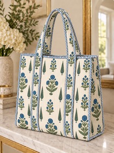 Floral Print Cotton <b>Women</b> Tote <b>Bag</b> with Zipper Closure Large Capacity <b>Travel</b> Shoulder Handbag for Casual Shopping All Seasons - Product Image 3