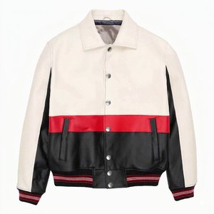 Custom Mens Genuine Leather Varsity <b>Jacket</b> Plain Snaps Premium <b>White</b> Red Black Bomber Coat Striped Trim Casual <b>Jacket</b> - Product Image 4