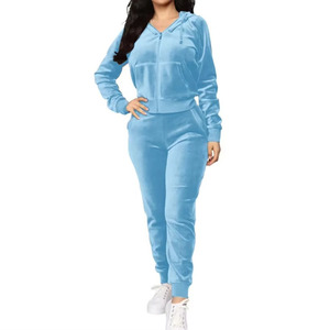 Women Solid Color <b>Velour</b> <b>Tracksuit</b> Hooded Full Sleeve Zipper Casual Jogging Set Autumn Wear - Product Image 1
