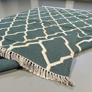 Tapis en laine tissé plat géométrique moderne, motif treillis Ogee, vert sarcelle et blanc, Kilim contemporain réversible, vert chasseur, tapis d'appoint écologique - Product Image 6