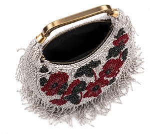 Beaded Half Moon Handbag Women Bohemian Floral Pattern <b>Fringe</b> Open <b>Top</b> Single Handle Stylish Daily Use - Product Image 4