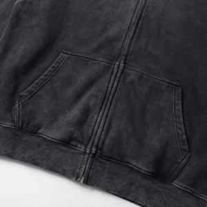Charcoal Washed Oversized Full <b>Zip</b> Hoodie Vintage Black/Charcoal Pigment Wash, Dropped Shoulder. OEM / Private Label - Product Image 4