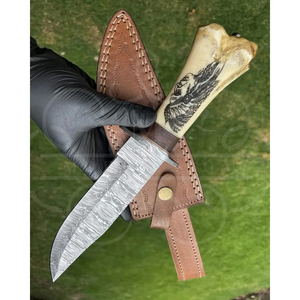 Couteau Bowie artisanal MORTALSAGA, lame en acier Damas, manche en os, couteau à lame fixe pour la survie en plein air - Product Image 2