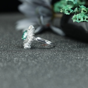Oval Cut Green Moissanite <b>Ring</b> 925 Sterling <b>Silver</b> | Halo Baguette Diamond Look <b>Statement</b> Engagement <b>Ring</b> for Women - Product Image 3