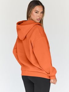 Sudadera con capucha naranja para mujer, con cremallera, manga larga, tejida, transpirable, holgada, de color liso, para otoño, con diseño de bolsillos - Product Image 4