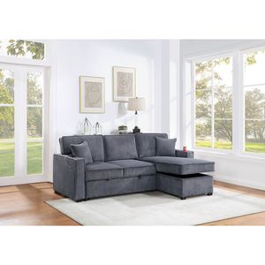 Divano Letto Sezionale Convertibile Grigio Scuro con Chaise Longue Reversibile in Corduroy, Contenitore e Letto Estraibile, 2 Cuscini, Arredamento Soggiorno - Product Image 1