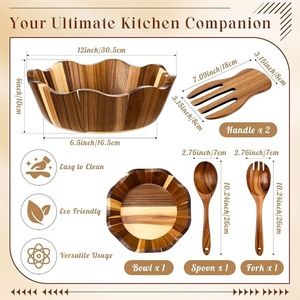 Bol de service en bois d'acacia naturel, fait main, en bois massif, pour salade, fruits, mélange, vaisselle rustique pour la cuisine, la maison, le restaurant - Product Image 5