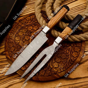 ชุดมีดสับและส้อมทำจากเหล็กดามัสกัสคุณภาพสูง คมกริบระดับมืออาชีพ สำหรับหั่นเนื้อบริสเก็ต บาร์บีคิว ใช้งานได้ทั้งมือซ้ายและขวา ด้ามจับสีเขียวมะกอก - Product Image 4