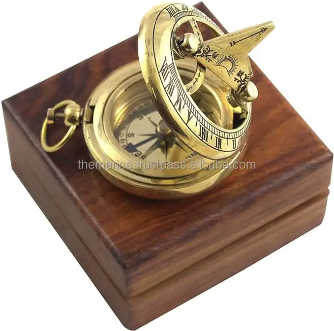Морской латунный морской кнопочный солнечный компас с деревянной коробкой, винтажное Латунное судоходное устройство, Мореходная Подарочная коллекция
