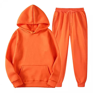 Ensemble de survêtement unisexe orange à capuche 100% polyester respirant et léger en polaire, manches longues, fermeture à cordon, poches latérales - Product Image 1