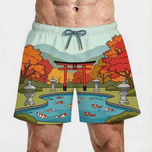 Men's Japanese Garden Print Quick Dry Swim Trunks Mid Waist Drawstring Casual Board Shorts Cartoon <b>Pattern</b> 100% Polyester - Product Image 1