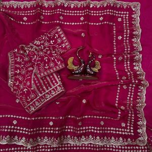 <b>Red</b> Embroidered Premium Frendy Chiffon Saree Gold Thread Work Summer Quick Dry Slim Fit Wedding Party Wear Women Traditional - Product Image 5