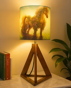 Industrial triangle wood <b>table</b> lamp forest horse print shade <b>rustic</b> dark burn finish <b>bedside</b> light for farmhouse or kids decor - Product Image 3