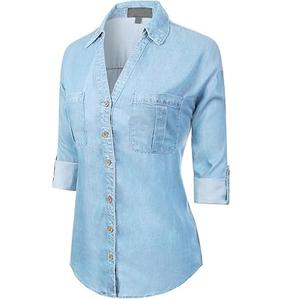 Camisas de mezclilla ajustadas con bolsillo en el pecho, elásticas, con botones, transpirables, al por mayor - Product Image 2