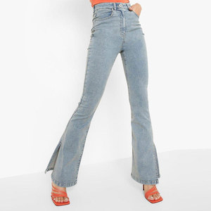 Jean évasé taille haute en denim délavé pour femme avec fente avant, extensible et longueur intégrale - Product Image 1