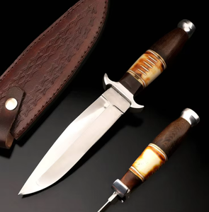 Couteau de chasse Bowie multifonctionnel forgé à la main, lame en acier Damas, manche en bois et os de chameau, pointe clip, outils de camping en plein air - Product Image 3