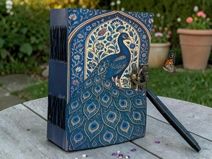 Diario de Cuero de Pavo Real Hecho a Mano, Cuaderno Floral Vintage con Borde Irregular, Diario Celestial, Libro de Escritura, Regalo Personalizado - Product Image 4