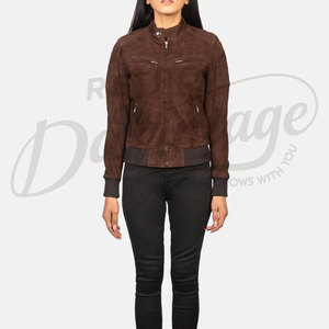 Women Dark Brown Genuine <b>Suede</b> Leather Bomber <b>Jacket</b> Slim Fit Premium Goat <b>Suede</b> Casual Winter Outerwear Fashionable Coat - Product Image 4