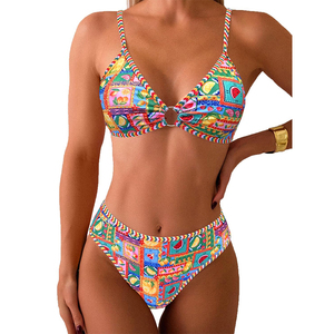 Conjunto de Bikini de 2 Piezas con Estampado Paisley para Mujer, Cuello Bandeau, Cintura Alta, Traje de Baño de Spandex, Estilo Boho, Lentejuelas, Secado Rápido, Logotipo Frontal - Product Image 1