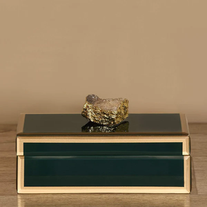 Boîte de rangement pour bijoux en verre vert émeraude avec accent en pierre naturelle, bordure dorée, finition brillante, doublure douce, boîte à souvenirs décorative - Product Image 1