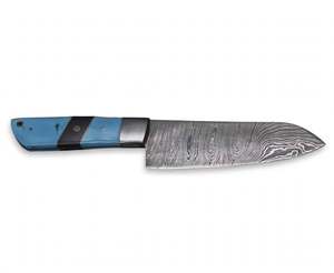 Couteau Santoku de cuisine artisanal en acier Damas avec manche en os turquoise - Product Image 3
