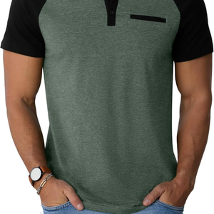 เสื้อยืดแขนสั้นคอเฮนลีย์ผู้ชาย ตัดต่อสี ตัดเย็บแบบเรียบง่าย มีกระเป๋าเสื้อ สไตล์ลำลอง - Product Image 6