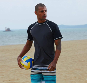 Quick dry dark gray rash guard <b>men</b> short sleeve swim shirt UPF 50+ breathable contrasting white stitching <b>top</b> - Product Image 4