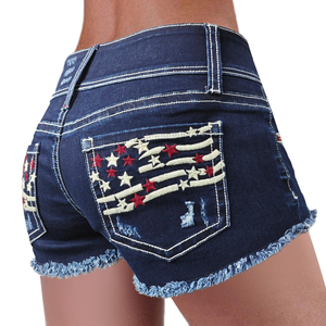 Shorts de mezclilla elásticos de cintura alta para mujer, estilo vintage con bordado y dobladillo deshilachado, corte recto ajustado, Colección Verano 2026 - Product Image 4