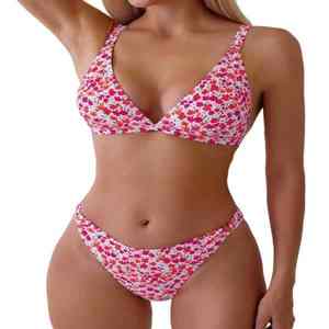 Conjunto de bikini push-up de 2 piezas para mujer con estampado por sublimación, logo frontal en tela tejida y tanga de corte alto triangular - Product Image 1