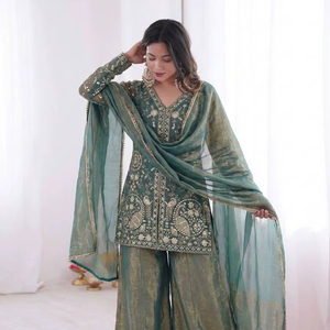 Conjunto Kurti Palazzo de Seda Fendi Pura Bordada con Dupatta de Encaje de Diseño – Traje Listo para Usar para Fiestas - Product Image 1