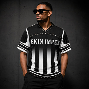 Maillot de football premium pour homme noir et blanc à clous |   Vêtements de sport en maille personnalisés avec des strass, 100% polyester, uni - Product Image 3