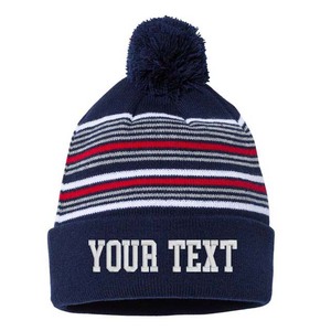 Bonnet d'hiver en tricot personnalisé avec broderie, bleu rayé, pompon, unisexe, pour adulte - Product Image 4