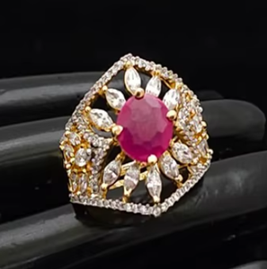 Bague cocktail en forme de fleur avec rubis naturel et pavé de diamants, plaqué or 18 carats, pour femme, cadeau de mariage, pierre de naissance de juillet - Product Image 2