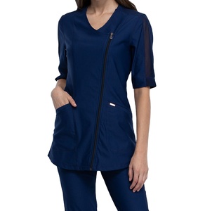 Túnica frontal asimétrica con cremallera y cuello en V de hermoso diseño para mujer, ropa de trabajo para Spa de enfermería, uniformes OEM para uso hospitalario de Colors-3XL sólido - Product Image 1
