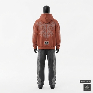 Conjunto de Sudadera con Capucha Marrón Oxidado Personalizado y Pantalones Jogger Negros de Pierna Ancha con Detalles de Pedrería, de Algodón Afelpado, Estilo Urbano, Venta al por Mayor OEM - Product Image 3