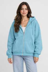 Sudadera con capucha azul claro para mujer, con cremallera completa, informal, de hombros caídos, manga larga, color liso - Product Image 1