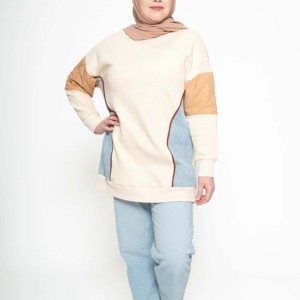 Sweat-shirt color block à épaules tombantes, manches longues, en coton tricoté et fibre de bambou, design asymétrique, pour l'automne - Product Image 1