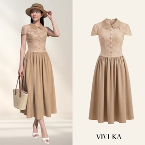 Vestido Midi Beige de Encaje con Cuello Peter Pan para Mujer, Corte Ajustado y Evase, Manga Corta, con Lentejuelas, Estilo Vintage, Transpirable, de Chifón, CINDY - Product Image 1