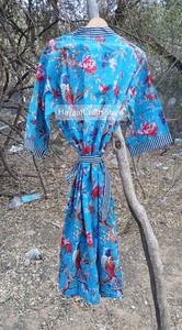 Bata Kimono Larga a Rayas para Mujer, Estampado de Bloques, Manga Larga, 100% Algodón Suave, Ropa de Dormir Casual de Verano con Cierre de Cordón - Product Image 3